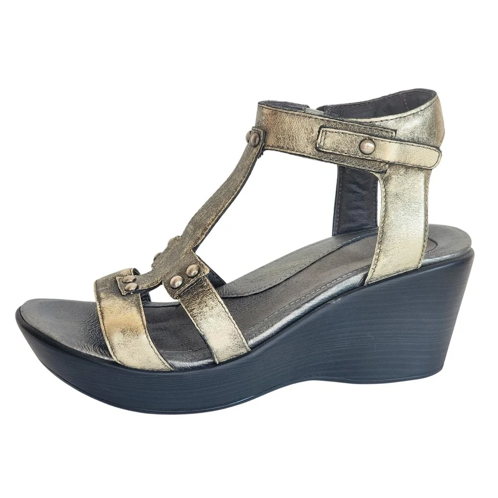Naot Flirt Women Pewter Metallic Gold Leather Wedge T-Strap Studded Sandals 38